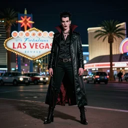 full body portrait of a punk vampire on the Las Vegas strip at night, cinematic, hyper realism, high detail, octane render, 8k, trending on artstation, CGsociety, concept art, 35mm, kodak portra