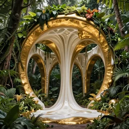 a massive liquid gold and white fluid sculpture in the jungle covered in plants and vines, architecture carved for a titan, beautiful in its smoothness and expansiveness, curving geometric arches, architectural photograph by louis kahn and moshe safdie