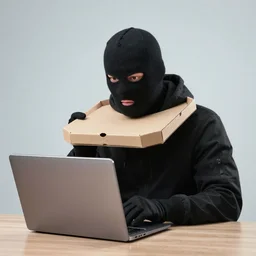 Stock photo of a human burglar wearing a ski mask using a pizza box like a laptop, funny, bizzare