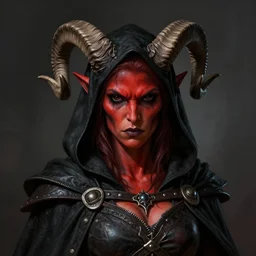 masterpiece portrait of a surly and resentful female tiefling thief with horns wearing a black hooded cloak and a thief's leather garb, red tiefling skin pigmentation, black eyes with no irises, curled ram horns, by Greg Rutkowski, as seen on ArtStation, 4k, dungeons and dragons, very aesthetic, very detailed, intricate, unreal, fantasy, dramatic, painterly, artstation, sharp focus, smooth