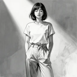 portrait of a girl in long pants and a top, hands in pockets, eyes closed, bob haircut, digital art, black and white, lineart by roro kurotani