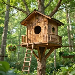 a tree house, ladders, hanging bridges, hanging gardens, in the forest, beautiful scenery