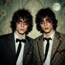 two handsome but sinister young men wearing gucci in layers of fear, with haunted eyes and wild hair, 1 9 6 0 s, sixties, wallpaper, a little blood, moonlight showing injuries, delicate embellishments, painterly, offset printing technique, by brom, robert henri, walter popp