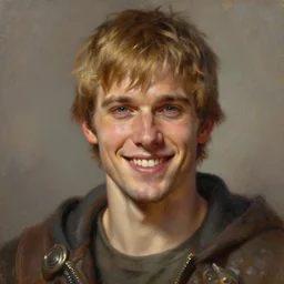 a _ fantasy _ style _ portrait _ painting _ of white male short fringe light brown hair short face grinning, rpg dnd oil _ painting _ unreal _ 5 _ daz. _ rpg _ portrait _ extremely _ detailed _ artgerm _ greg _ rutkowski _ greg