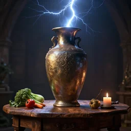 a large vase sitting on top of a wooden table, medieval concept art, cinematic lightning and colors, featured on cg society, photorealism, vray tracing, rendered in unreal engine, photorealistic, vegetables on table and candle, dark lightning, contrast shadows
