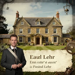 steampunk, vaporwave, an estate agent listing photo, external view of a 5 bedroom detached countryside house in the UK, by Paul Lehr
