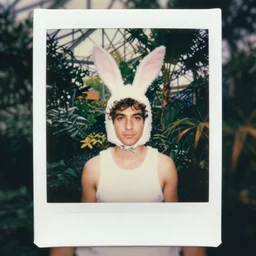 grainy head to shoulder portrait Polaroid film photograph of a man wearing a bunny costume in a tropical greenhouse. looking at the camera!!. super resolution. Extremely detailed. Polaroid 600 film. by Annie Leibovitz and Richard Avedon