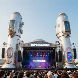 a festival stage, bandname is tripmachine, center of the stage are two huge futuristic steampunk generators inside a huge steampunk engine, 8 k, fluorescent colors, halluzinogenic, multicolored, exaggerated detailed, unreal engine