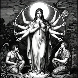 marana slavic goddess with six arms : by gustave dore and greg rutkowski and wlop, mystic high contrast monochromatic noir