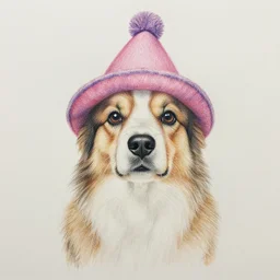 colored pencil drawing of a dog in a funny hat