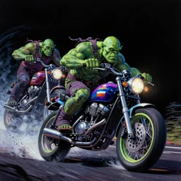 psychedelic blacklight airbrush artwork, motorcycles, hyper stylized action shot of orc bikers racing on motorcycles, menacing orcs, drifting, skidding, wheelie, clear focused details, soft airbrushed artwork, black background, post - apocalypse, cgsociety, artstation