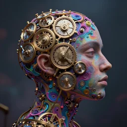 the mind is leaving the body of a celestial clockwork by mia brownell, art by anna hotchkis, antonio saura, very detailed, maximalism, ambient occlusion, volumetric light, atmospheric haze, hyper realism, futuristic but colorful shading, cinematic composition, realistic render, photography, wide shot