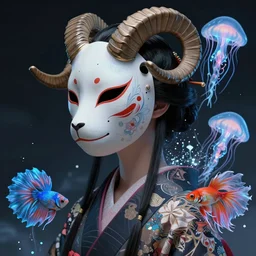 3 d goddess close - up profile solarpunk portrait ram skull. beautiful intricately detailed japanese crow kitsune mask and clasical japanese kimono. betta fish, jellyfish phoenix, bio luminescent, plasma, ice, water, wind, creature, artwork by tooth wu and wlop and beeple and greg rutkowski