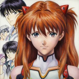 Asuka Langley from Evangelion portrait drawn Yusuke Murata and Takeshi Obata, inspired by Death Note 2003 manga,intricate detail, photorealistic style,staring at the camera, intricate detailed oil painting, detailed illustration, oil painting, painterly feeling, sharp high detail, oil on canvas