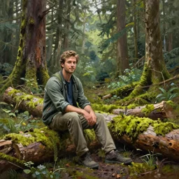 Fantasy Oil painting of Hoh National Forest and logs covered in moss, Greg Rutkowski, National Geograpic, Trending on Artstation, Morning Glow n- 8 H- 640 W- 360