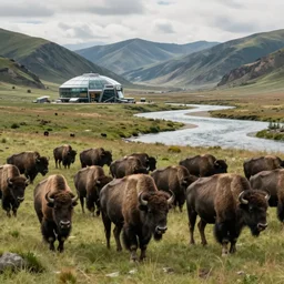 a herd of bison with a sci - fi containment building in the distance in a grassy valley with a river, national geographic, hyper realistic, 4 k, harsh light, majestic, wide shot, a sense of hope