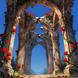 broken arches leading to the pillars of eternity draped with red flowers and vines, blue sky, lens flare, a sense of mystery, ultra detailed, intricate, sharp focus, cartoon illustration by Tex Avery, 8K