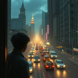 beautiful matte painting of boy looking from his window on traffic jam on the streets of cyberpunk new york by greg rutkowski
