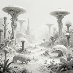 a surreal and awe - inspiring science fiction landscape, alien plants and animals, intricate, elegant, uplifting, happy, inspirational, highly detailed watercolor painting by h. r. giger and simon stalenhag