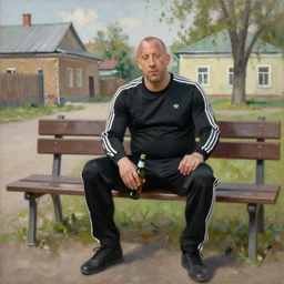 vin diesel in black adidas sport costume, as gopnik character, sitting on a bench with a bottle of beer in the courtyard of a provincial russian town, oil on canvas, naturalism