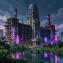 a beautiful photorealistic anime illustration of abandoned unfinished building industrial architecture nature city urbex city hall by cesar pelli, otherworldly neon noir hyperrealism nature lake retrowave neon signs steampunk, archdaily, wallpaper, highly detailed, trending on artstation.