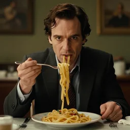 Humanoid pasta as The American Psycho, cinematic still