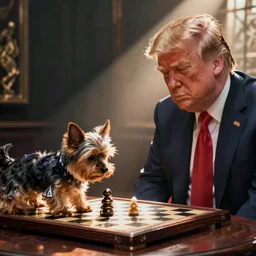 yorkie dog playing chess with Donald Trump