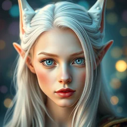 a beautifully detailed portrait, colorful luminous background, gorgeous fantasy elf. professionally retouched, soft lighting, realistic, smooth face, white skin, gorgeous blue eyes, detailed big eyes, long white hair, cute ears, wide angle, sharp focus on the eyes, 8 k high definition, insanely detailed, intricate, elegant, beautiful, art by artgerm and wlop