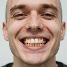 a photo from a balded man with teeth made of wood, wood teeth, close up, photorealistic