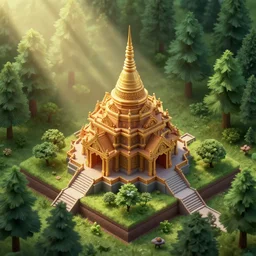 an isometric 3 d render of a buddhist shrine in the forest, isometric, octane render, sunbeams