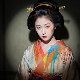 a female geisha, wet paint, dripping paint, cmyk, spotlight