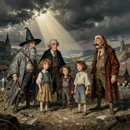 surreal image of a family of wizards dali meets r crumb sketch