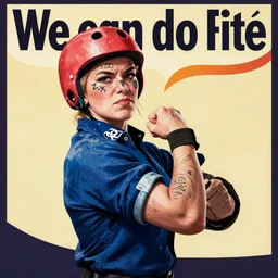 propaganda poster roll sleeves up we can do it wearing roller derby helmet tattoos angry smile