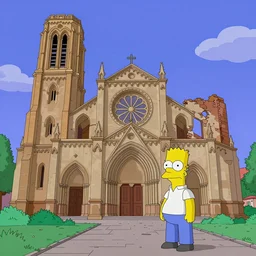 A cathedral in ruins in the style of The Simpsons