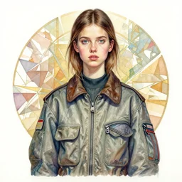 a copic maker realistic portrait of a russian girl very detailed features by yoshiyuki sadamoto, alphons mucha norman rockwell polygonal minimalist lines streaking down triangles by ilya kuvshinov katsuhiro otomo artgerm, jeremy lipkin and michael garmash and rob rey and jiro yoshihara wearing a pilot suit cargo streetwear -, chic'techno fashion trend by issey