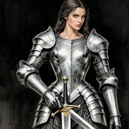 woman wearing silver armored corset  holding a sword , detailed intricate ink illustration, dark atmosphere, detailed illustration, hd, 4k, digital art, overdetailed art, concept art, by greg rutkowski, by loish, complementing colors, Trending on artstation, deviantart