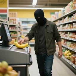 a masked man at a self checkout stealing one banana, theft at grocery store, walking out with one banana, banana in hand, trending on artstation, depth field, unreal engine, cinematic, hyper realism, high detail, octane cinema 4 d render, a 2 4 cinematography, 8 k