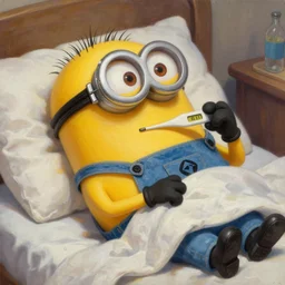 an epic painting of minion, sick with a cold, lying in bed, holding thermometer in mouth, oil on canvas, perfect composition, golden ratio, beautiful detailed, photorealistic, digital painting, concept art, smooth, sharp focus, illustration, artstation trending, octane render, unreal engine