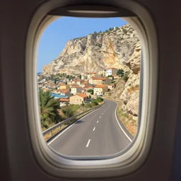 looking out a plane window window to see the road to a mediterranean phoenician fishing village, over a chalk cliff, highly detailed, digital painting, artstation, concept art, sharp focus, illustration, art by artgerm and greg rutkowski and raphael lacoste and magali villeneuve