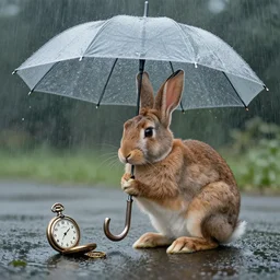 rabbit with an umbrella in the rain looks at the pocket watch, by leonid afremov