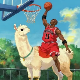 llama in a jersey dunking a basketball like michael jordan, screenshots from the miyazaki anime movie