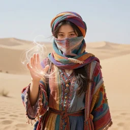 “fantasy art of a young woman wearing a head wrap that doesn’t cover her face. Her clothing is handmade and colorful. She is conjuring a magical energy that looks like thin wisps of light. Desert valley setting. Photorealistic. Highly detailed.”