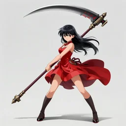 An anime illustration of a girl wearing a red dress and wielding a large scythe, hyper detailed, concept art, character design
