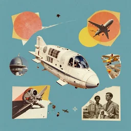 A mid-century modern collage of Space Travel made random shapes cut from magazines