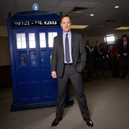 dwight schrute ( the office, rainn wilson ) cosplaying as doctor who, dragoncon, flash photography, photorealistic, wide angle