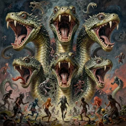 a hyper - detailed high painting of giant heads joined by snakes, the heads are open they have spiked scales and sharp teeth, the mouth is open and monstrous beings of all kinds run and scream, psychedelic horror surreal art cosmic horror weird bizarre art