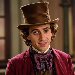 film still close - up shot of steve buscemi as willy wonka from the movie willy wonka & the chocolate factory. photographic, photography