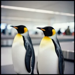 medium format portrait of two penguins in an airport baggage claim area, ektachrome, hasselblad film shallow focus portrait, soft light photographed on expired color film,