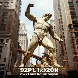high detail poster for an opera about a giant statue of hercules being built in new york city. italy, 1 9 2 1 - 4