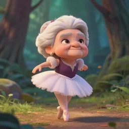 elderly prima ballerina as nendoroid walking in a forest in the croods movie style, anime, disney, pixar, 8 k, hd, dof, kodak film, volumetric lighting, subsurface scattering, photorealistic, octane render, details